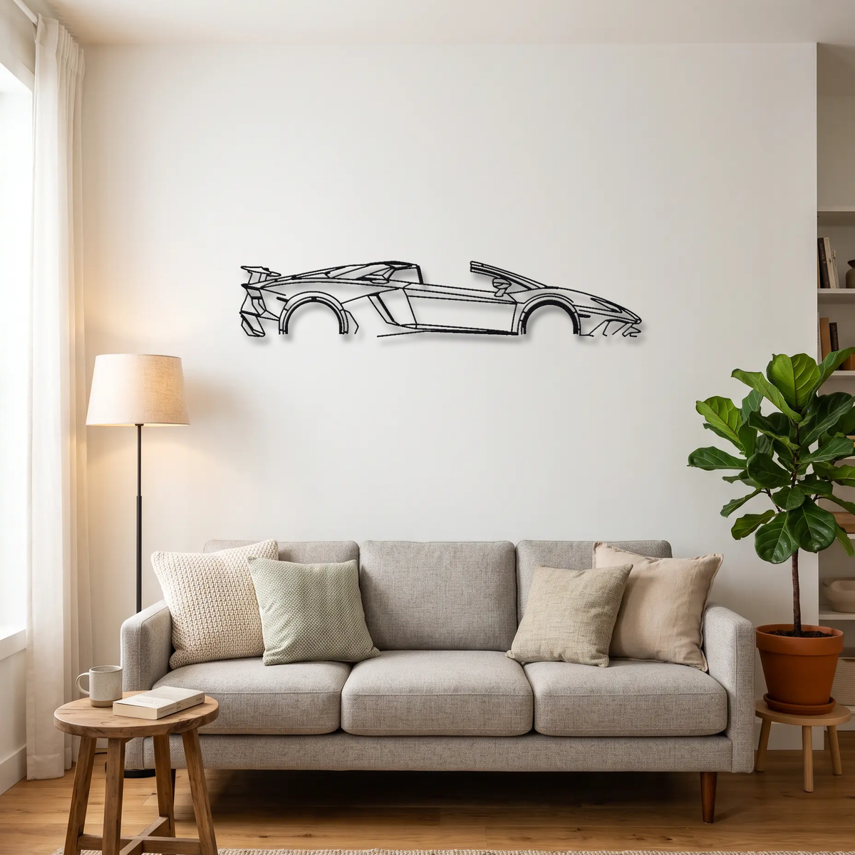 Lamborghini Aventador SV Roadster metal wall art above a sofa in a living room