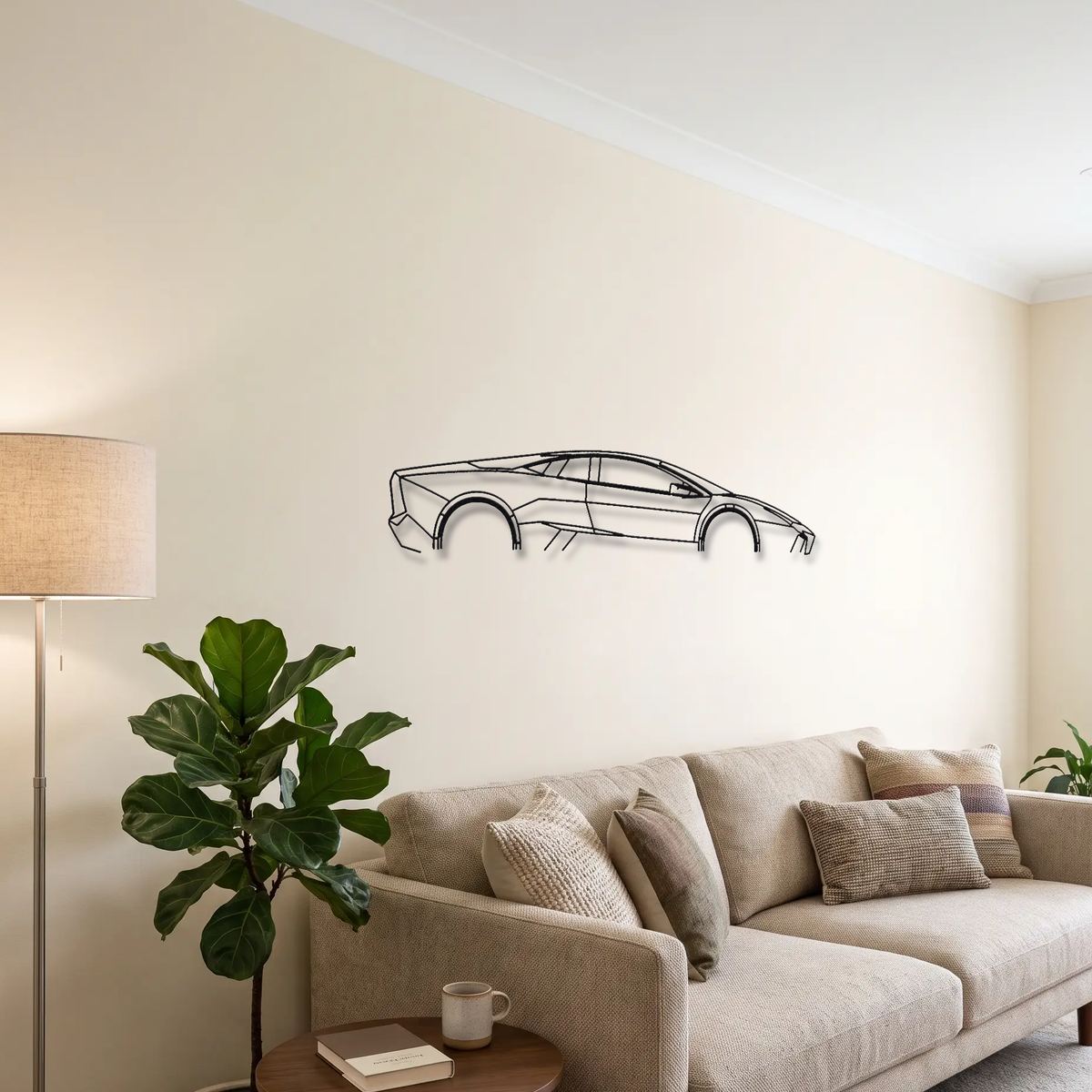 Lamborghini Reventón metal wall art above a sofa in a living room