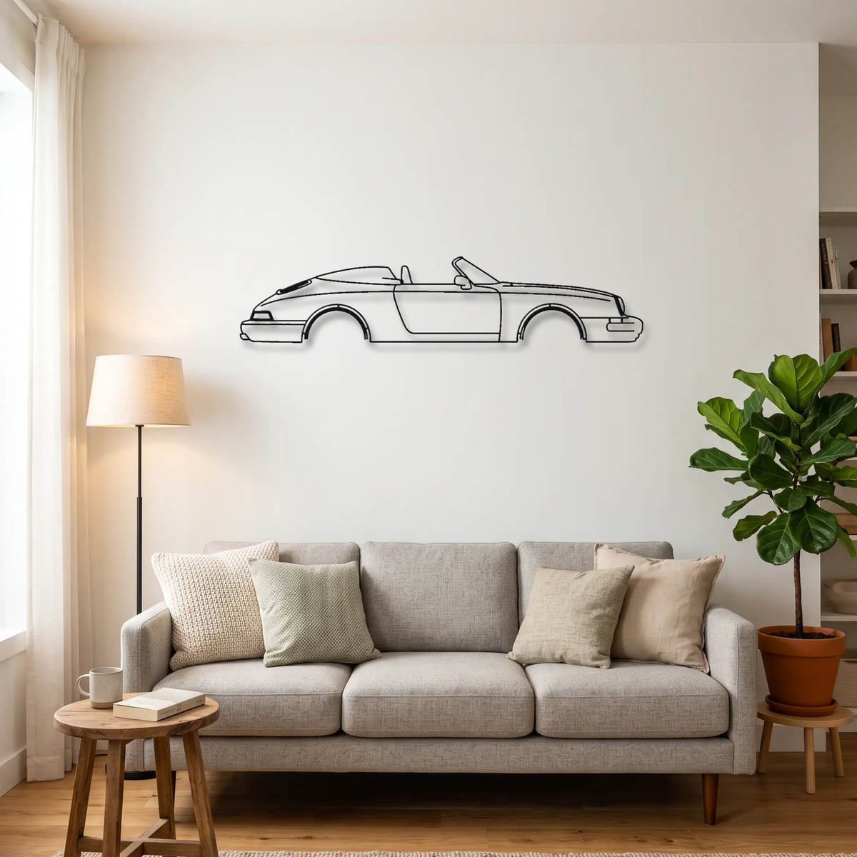Porsche 964 Speedster metal wall art above a sofa in a living room