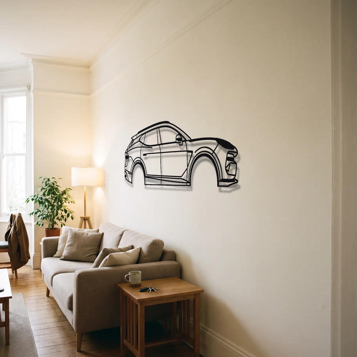 2023- Lotus Eletre R metal wall art above a sofa in a living room