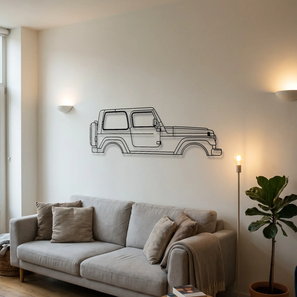 Jeep Wrangler TJ metal wall art above a sofa in a living room