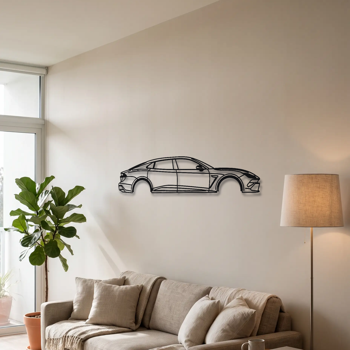 2024- Lotus Emeya R metal wall art above a sofa in a living room