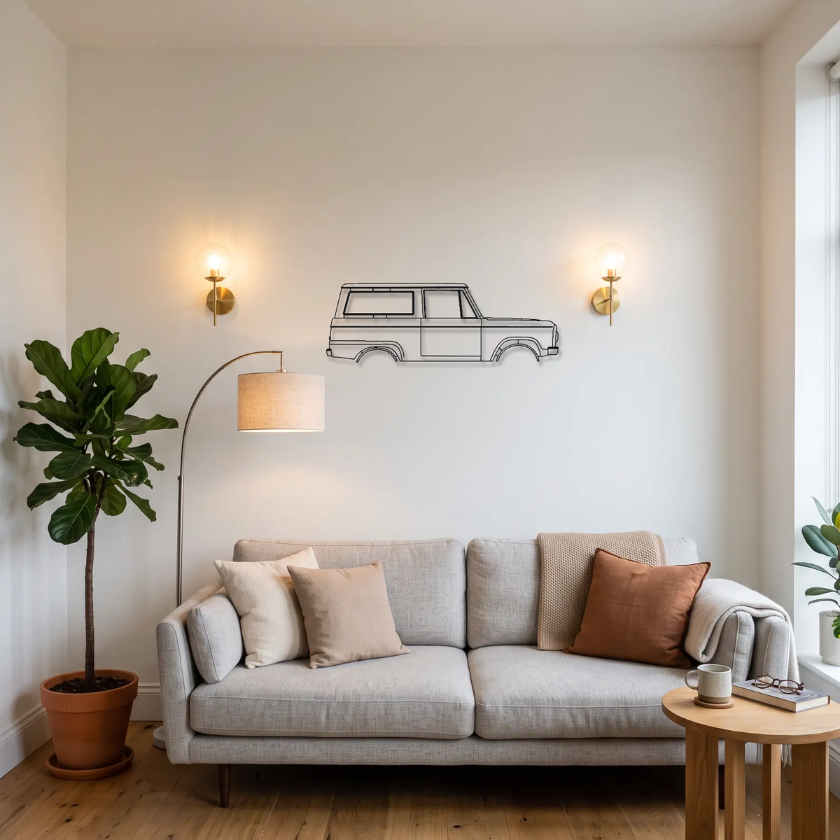 1966-1977 Ford Bronco metal wall art above a sofa in a living room