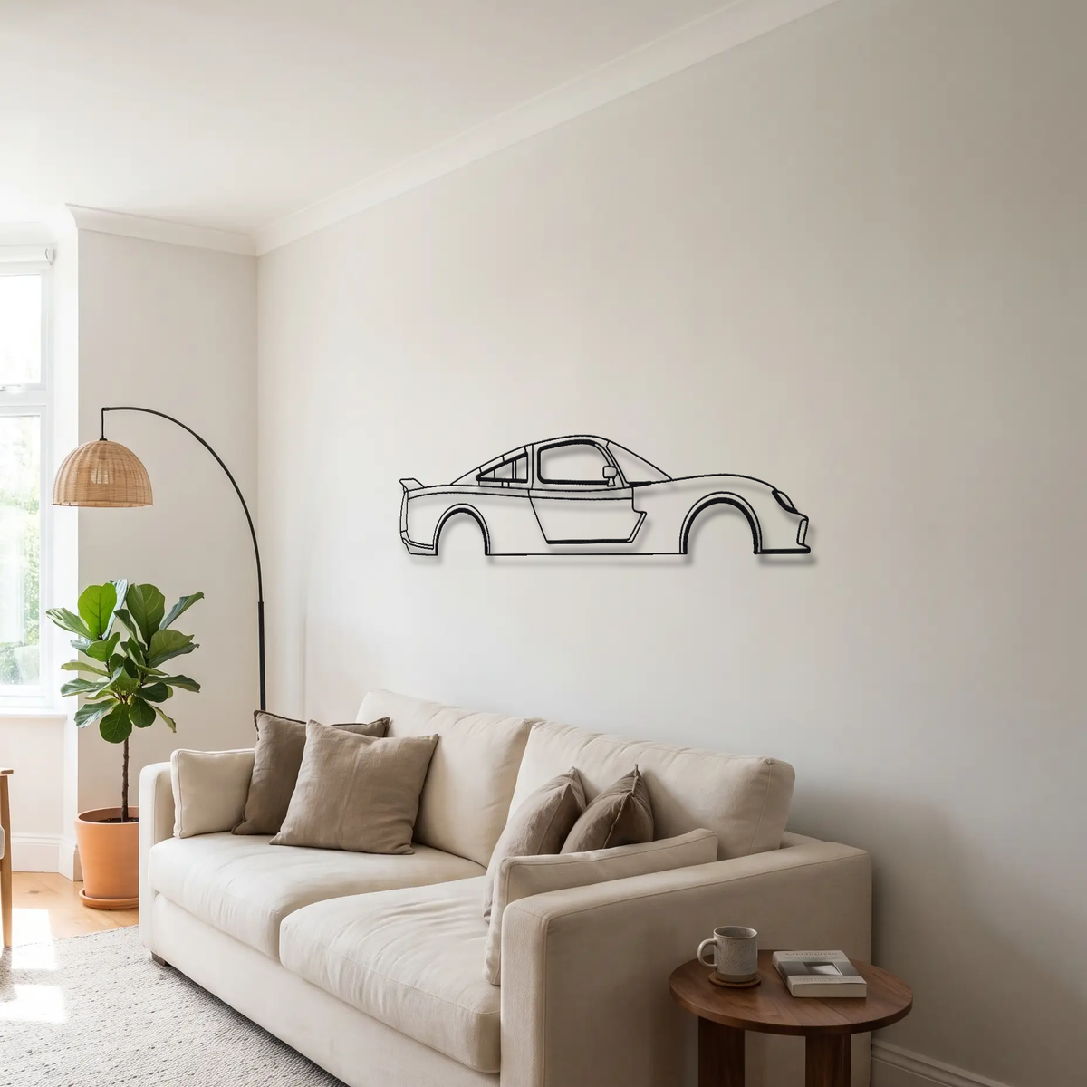 Ultima RS metal wall art above a sofa in a living room