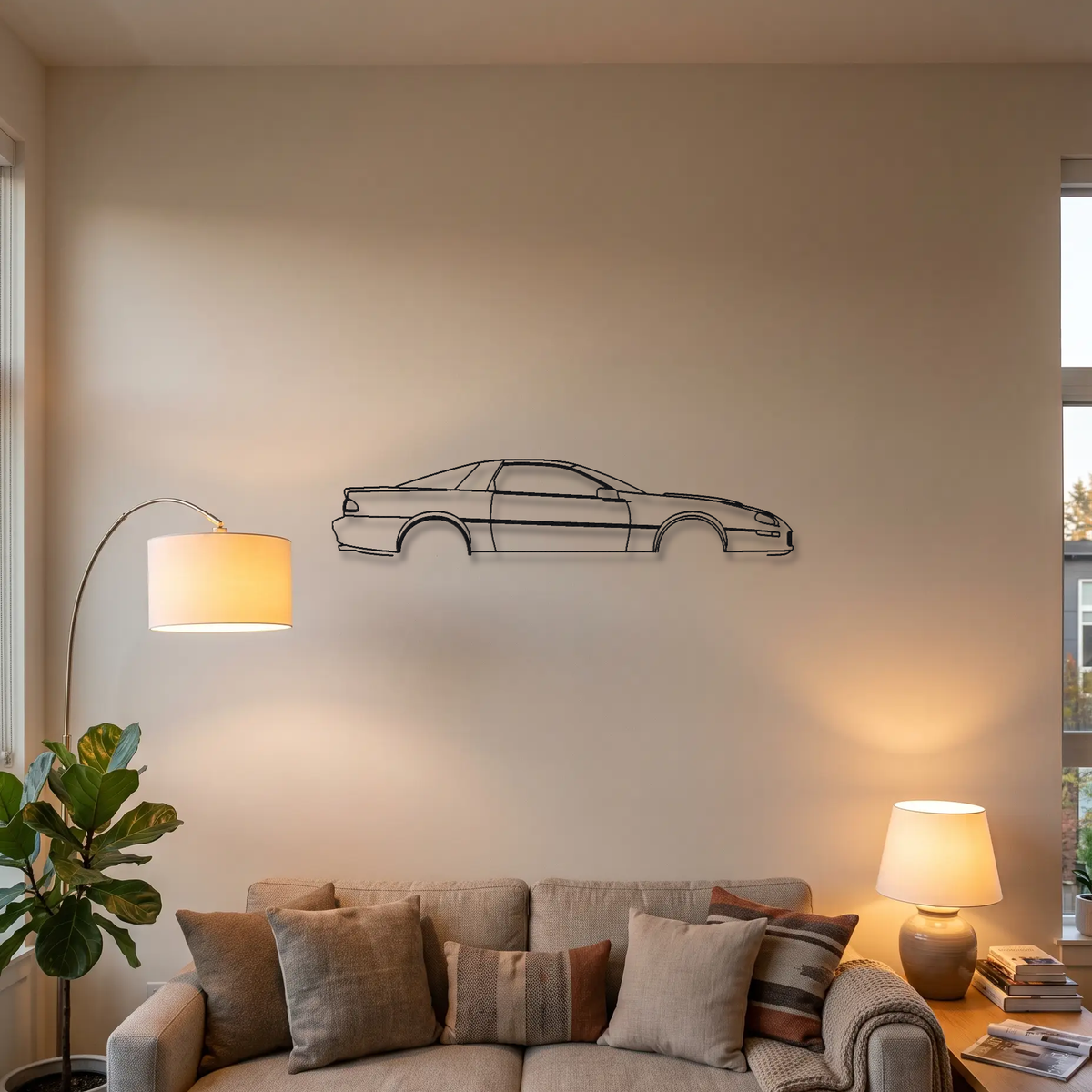 Chevrolet Camaro Z/28 / SS Gen 4 metal wall art above a sofa in a living room