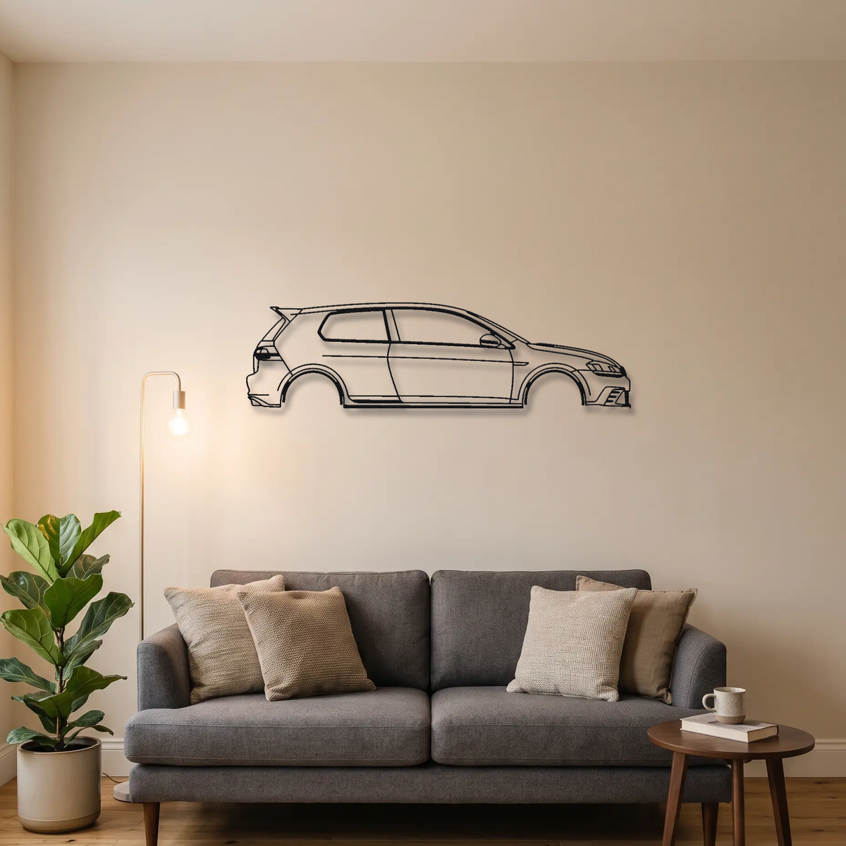 Volkswagen Golf GTI Clubsport S MK7 metal wall art above a sofa in a living room
