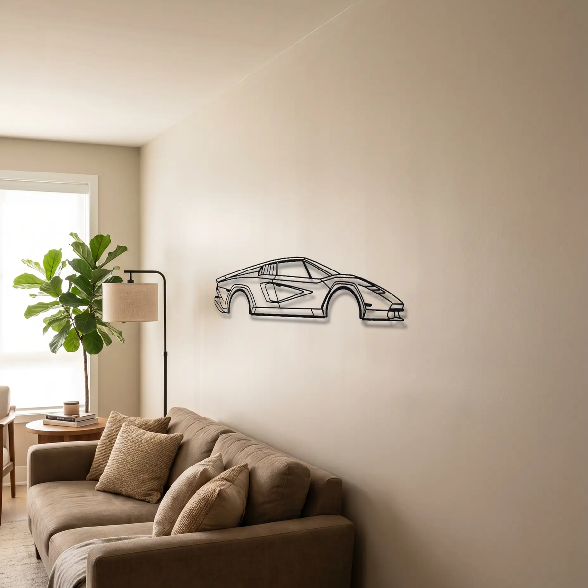 Lamborghini Countach LPI 800-4 metal wall art above a sofa in a living room