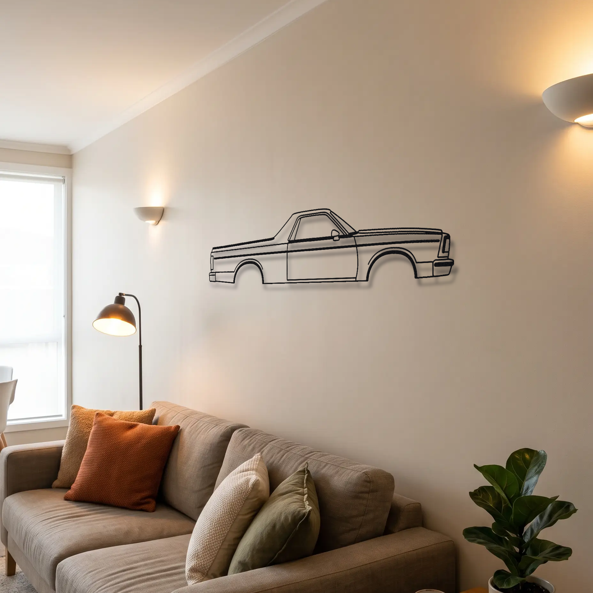 1978-1987 Chevrolet El Camino metal wall art above a sofa in a living room