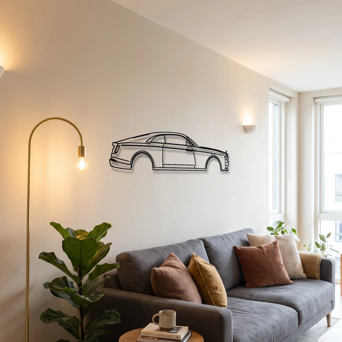 2024- Rolls-Royce Spectre metal wall art above a sofa in a living room