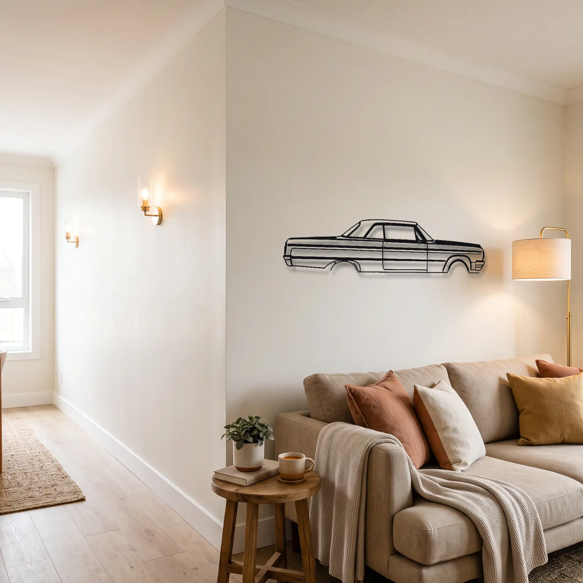 1961-1964 Chevrolet Impala SS 409 metal wall art above a sofa in a living room