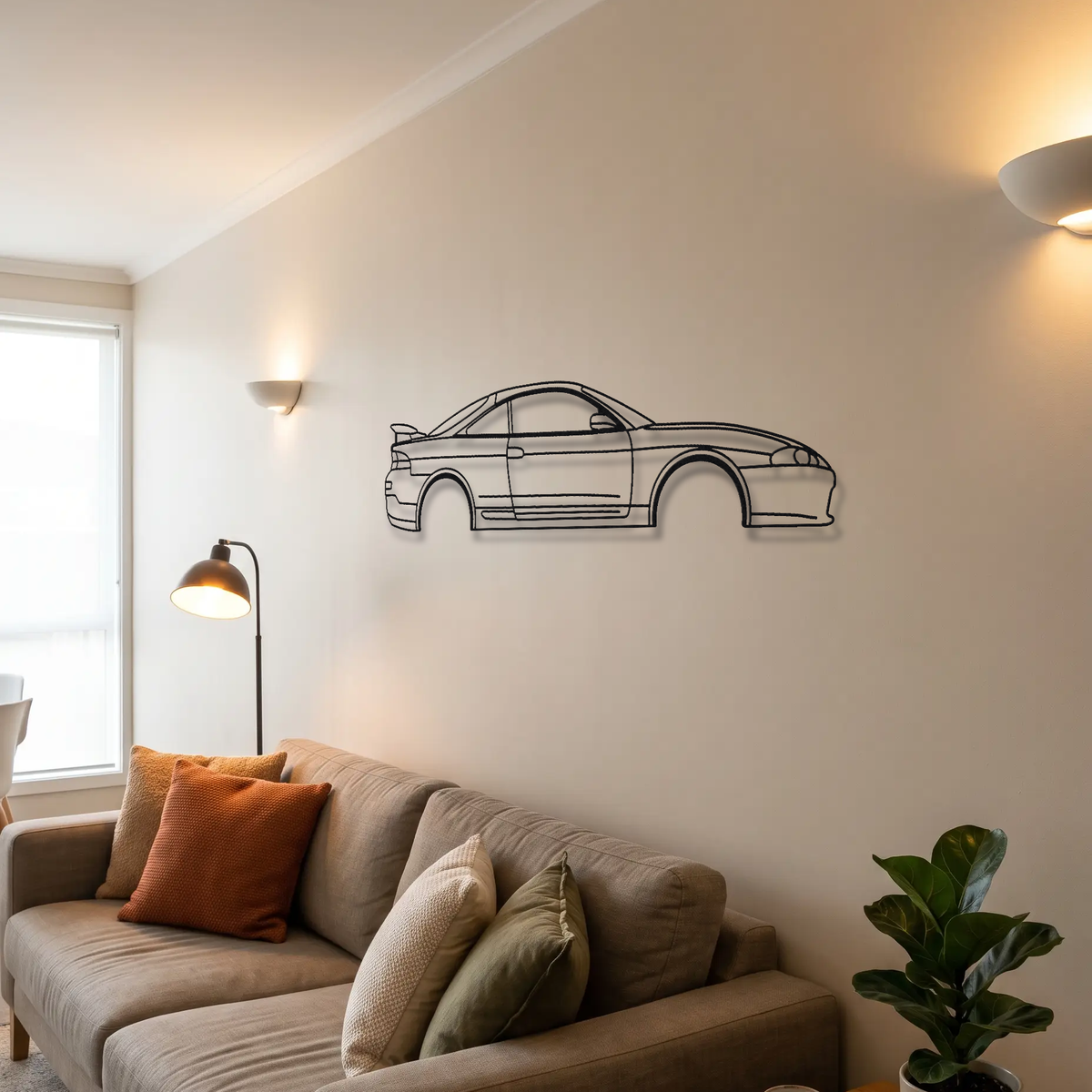 1995-1999 Mitsubishi Eclipse GSX 2G metal wall art above a sofa in a living room