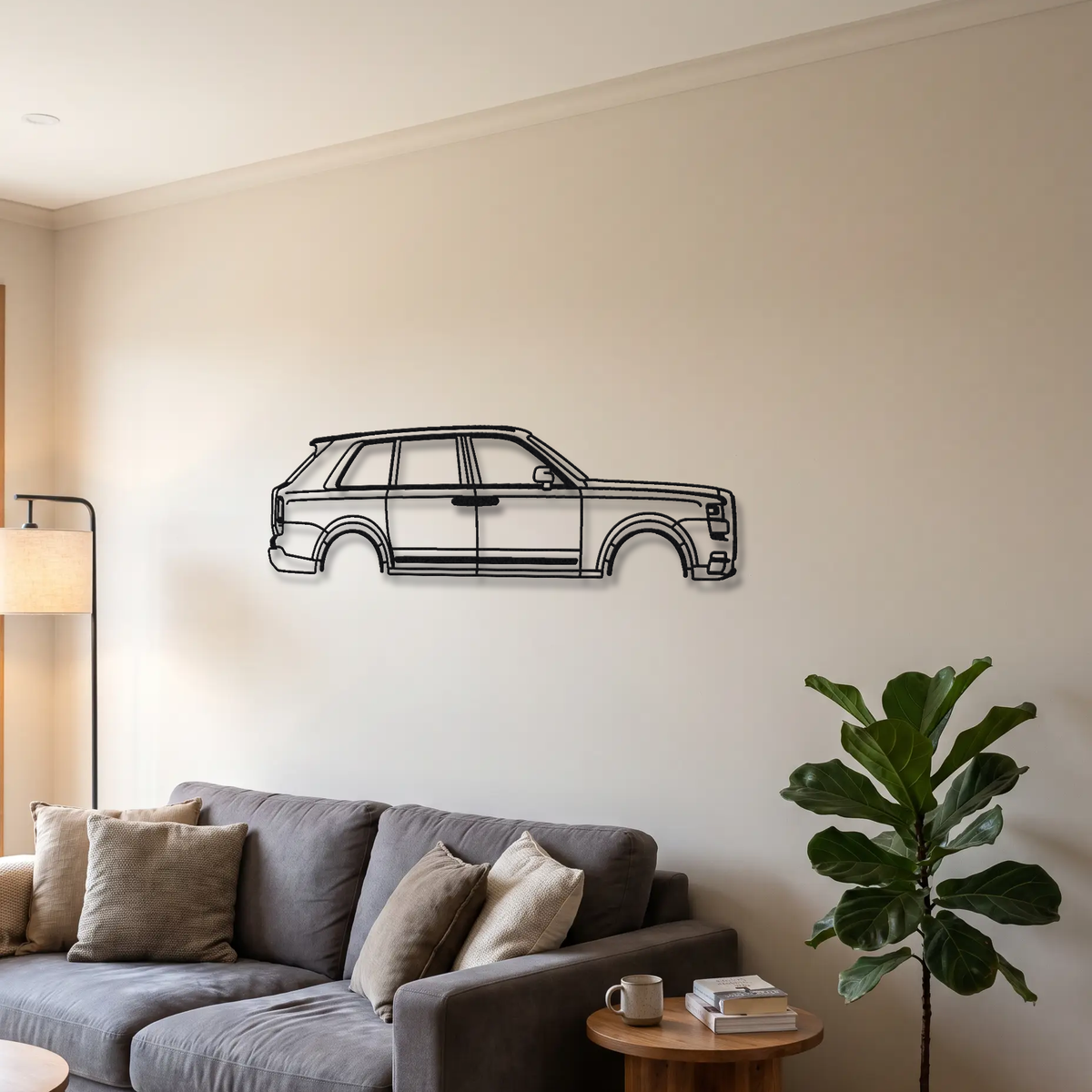 2019- Rolls-Royce Cullinan Black Badge metal wall art above a sofa in a living room