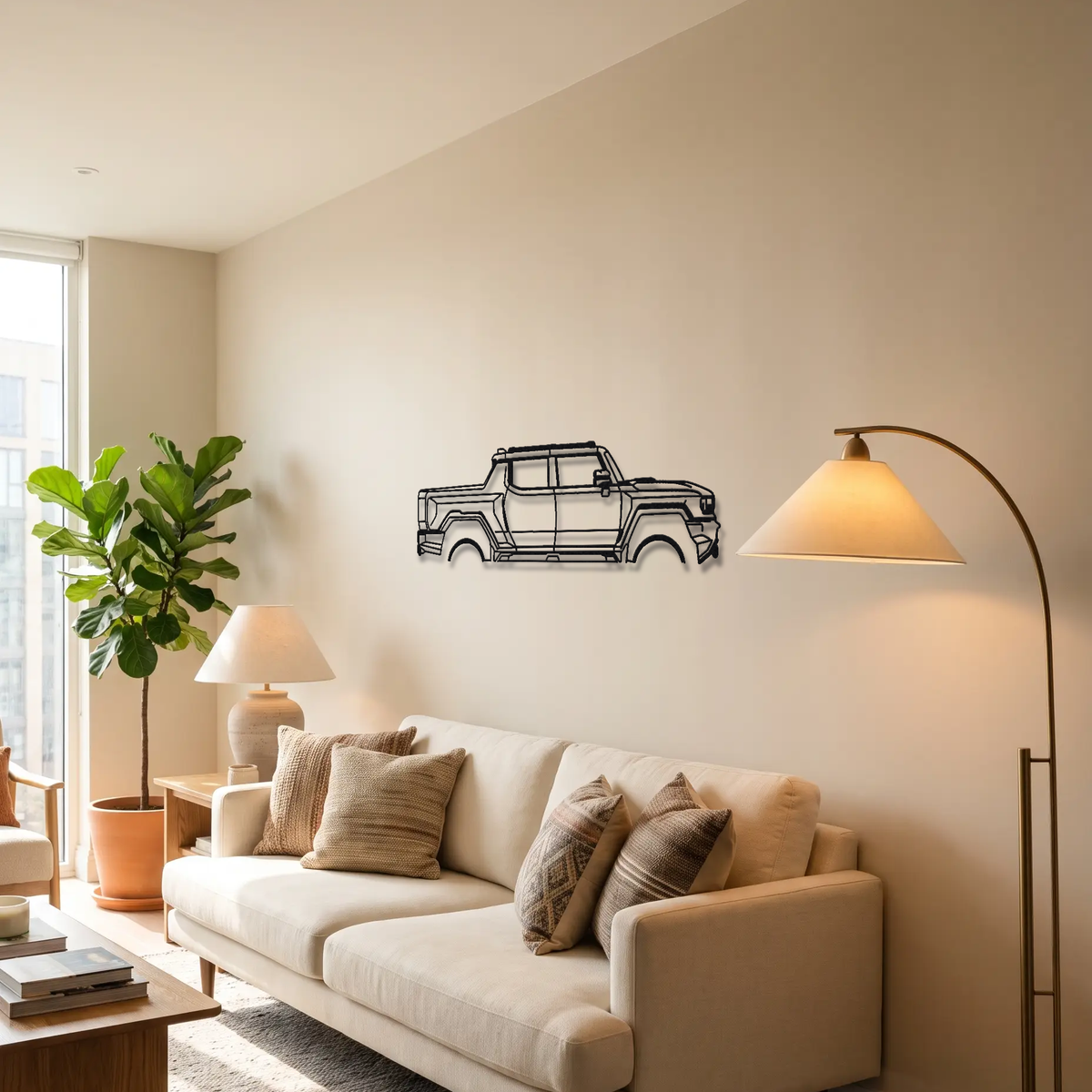 2022- GMC Hummer EV Edition 1 BT1 metal wall art above a sofa in a living room