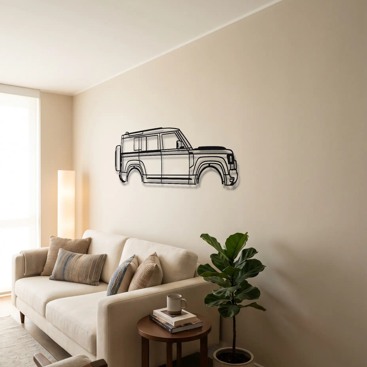 2025- Land Rover Defender OCTA L663 metal wall art above a sofa in a living room