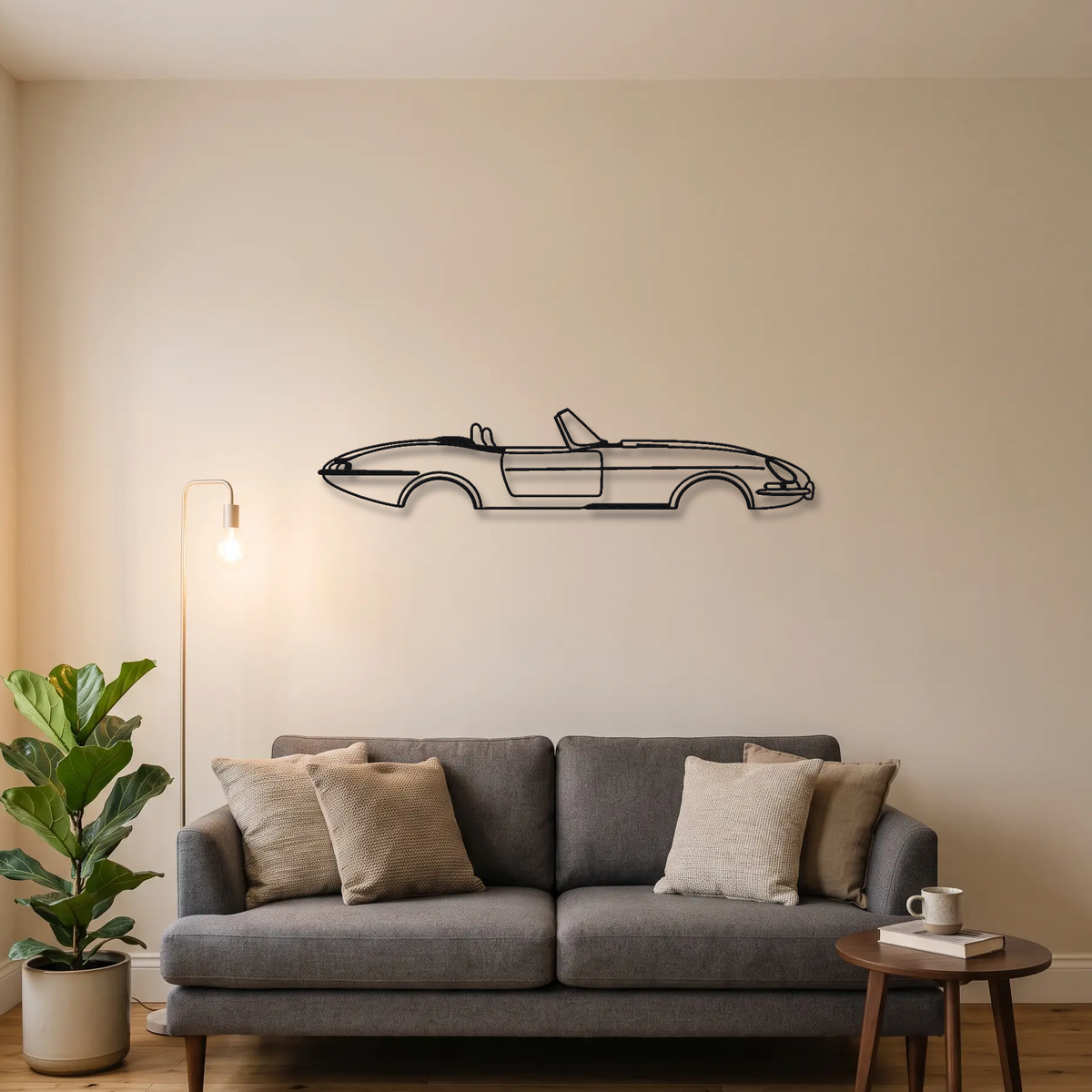 2011- Eagle E-Type Speedster / Lightweight GT metal wall art above a sofa in a living room