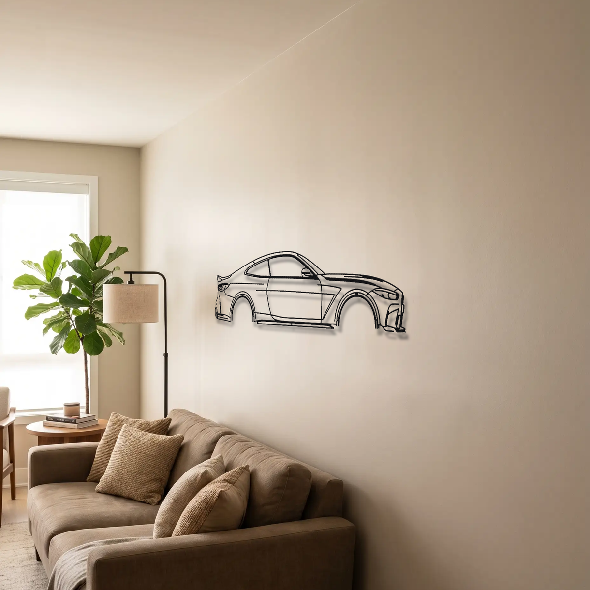 BMW M4 CSL metal wall art above a sofa in a living room