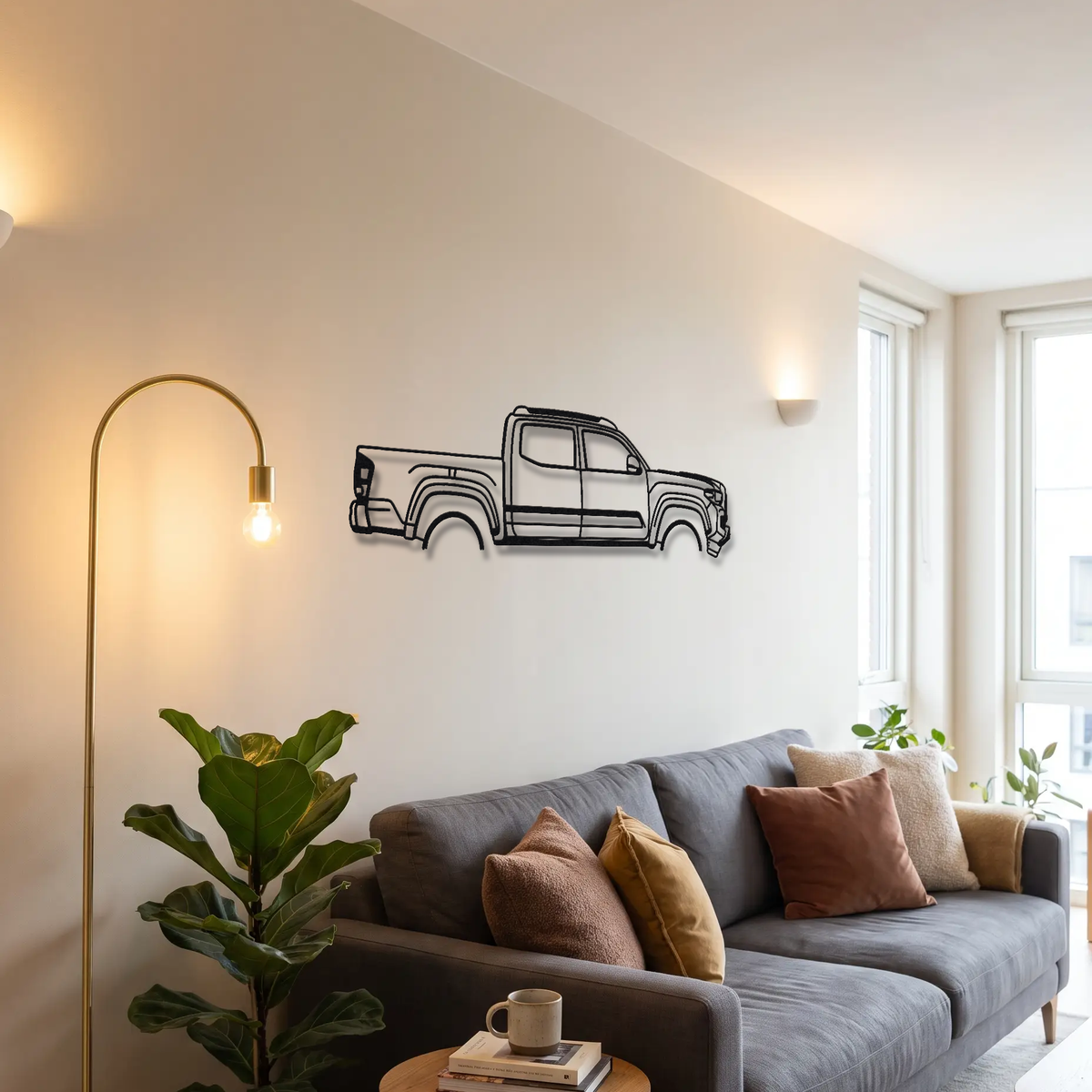 2016- Toyota Tacoma TRD Pro N400 metal wall art above a sofa in a living room