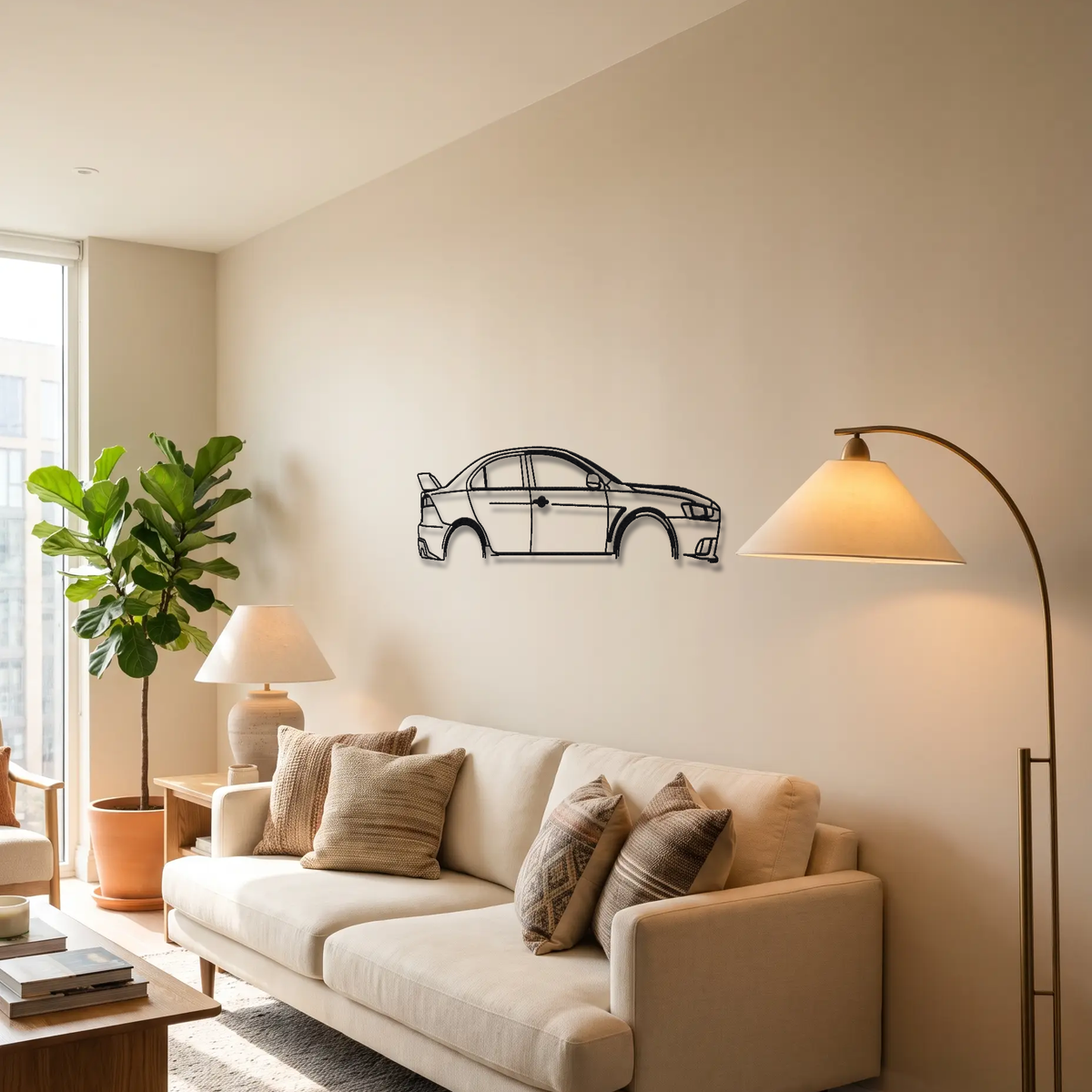 2008-14 Mitsubishi Lancer Evolution X MR CZ4A metal wall art above a sofa in a living room