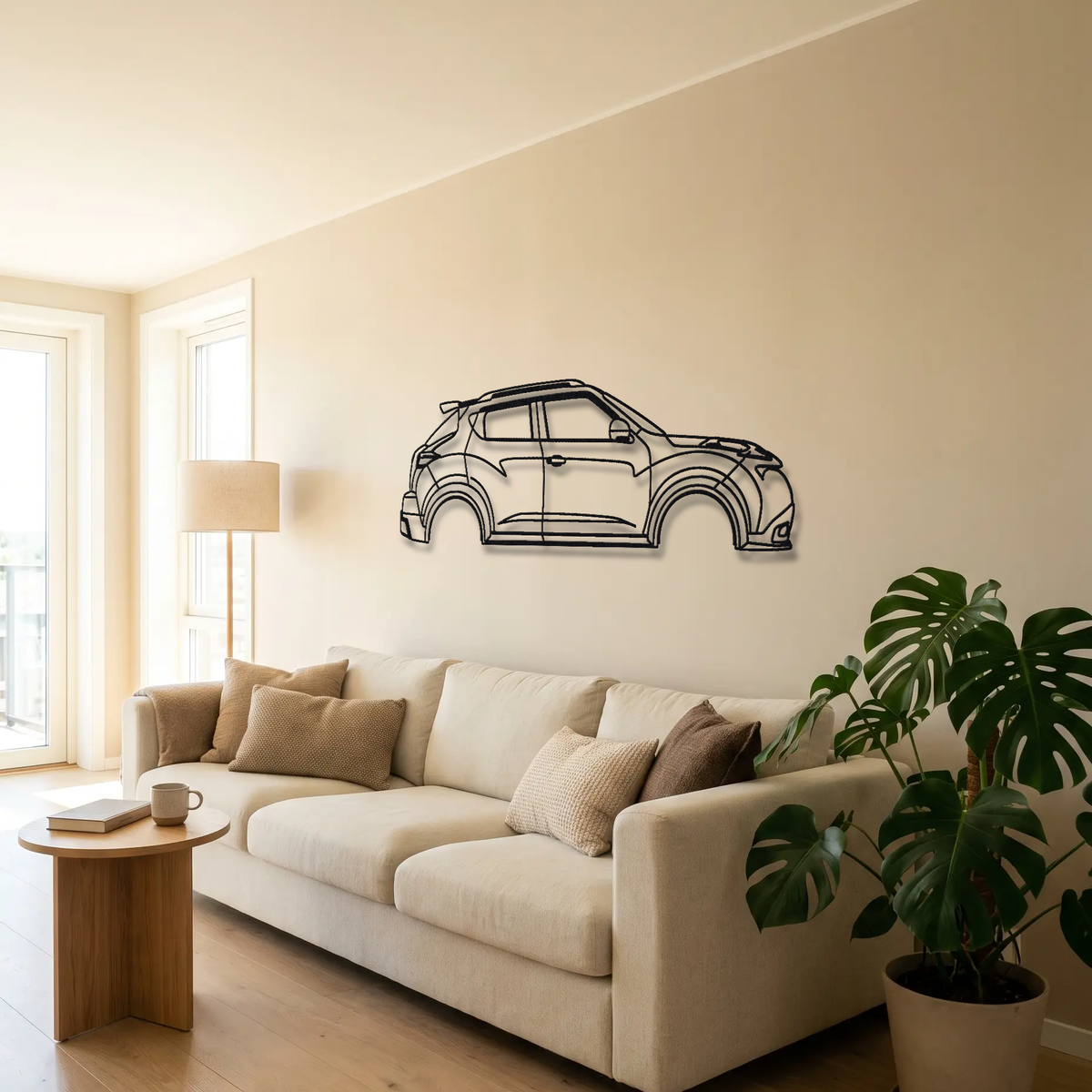 2012-15 Nissan Juke-R metal wall art above a sofa in a living room