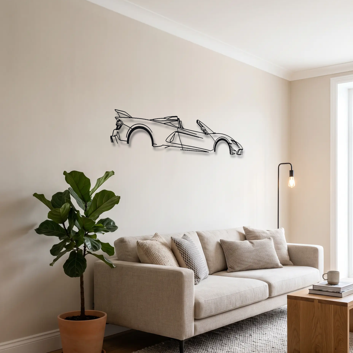 Hennessey Venom F5 Roadster metal wall art above a sofa in a living room