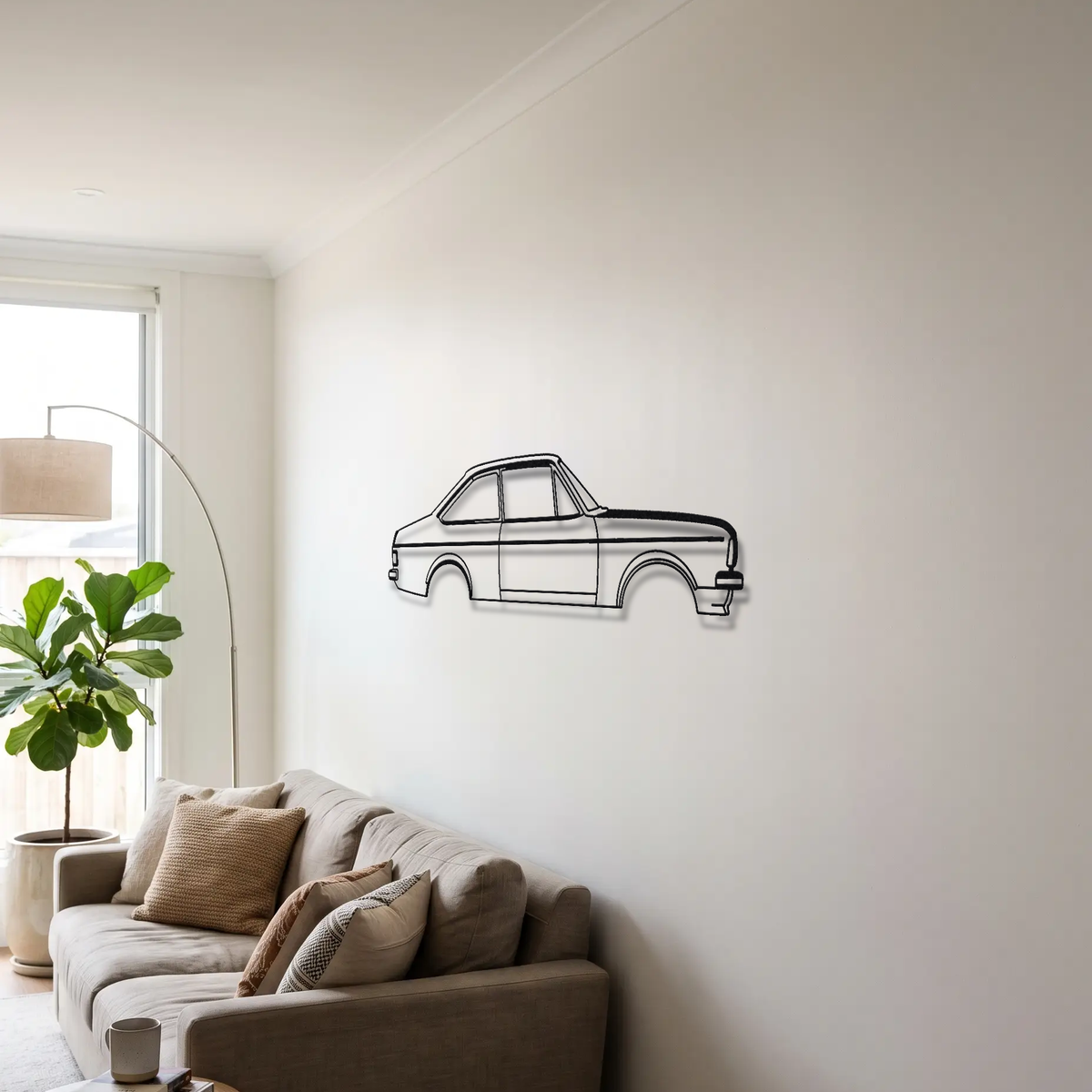 Ford Escort RS2000 MK2 metal wall art above a sofa in a living room