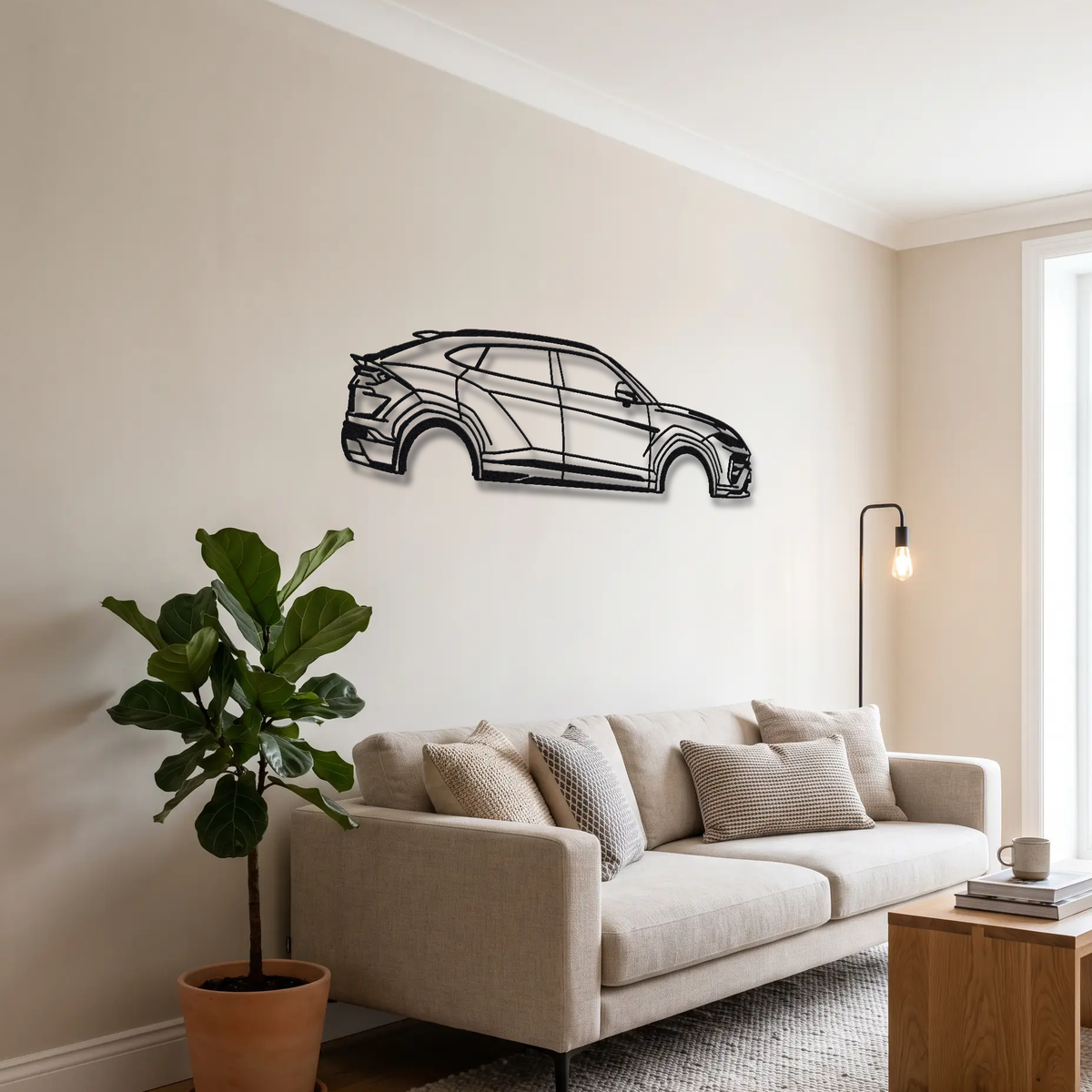 2023- Lamborghini Urus S / Urus SE Facelift metal wall art above a sofa in a living room