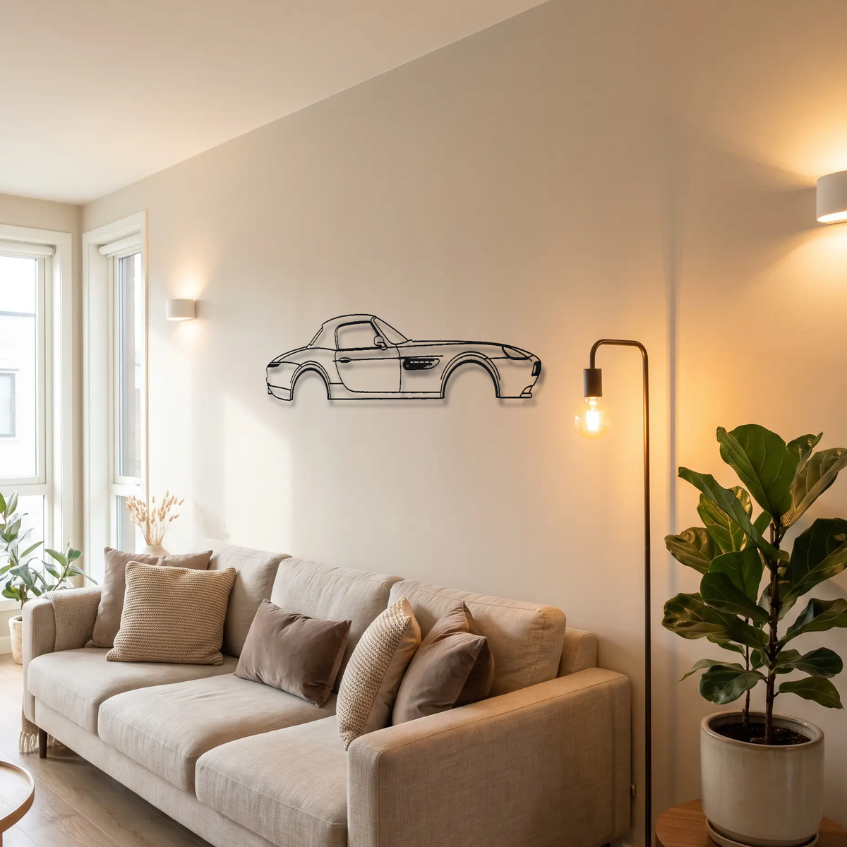 BMW Z8 E52 metal wall art above a sofa in a living room
