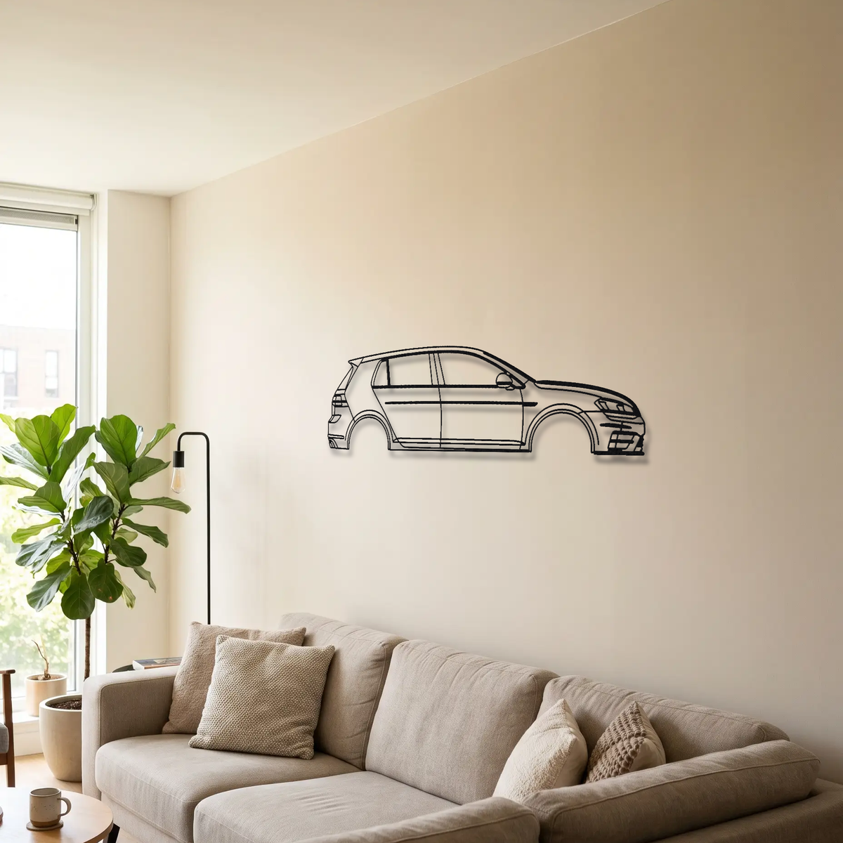 Volkswagen Golf R MK7 metal wall art above a sofa in a living room