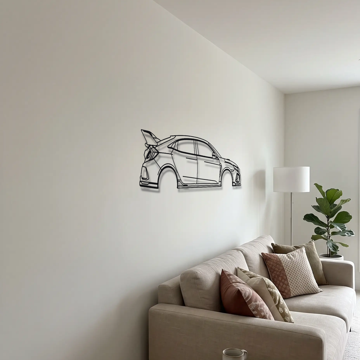 Honda Civic Type R FK8 metal wall art above a sofa in a living room