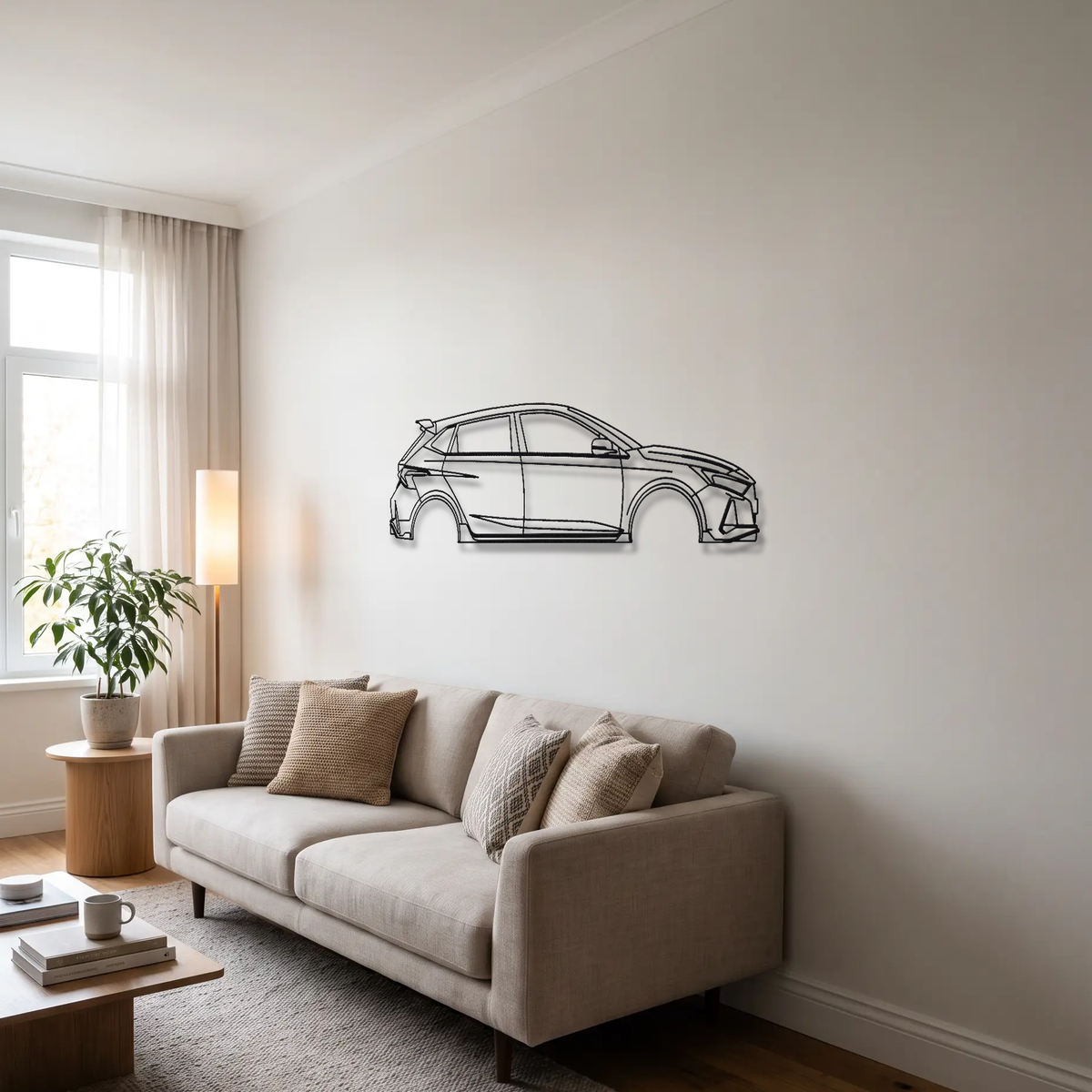 Hyundai i20 N metal wall art above a sofa in a living room