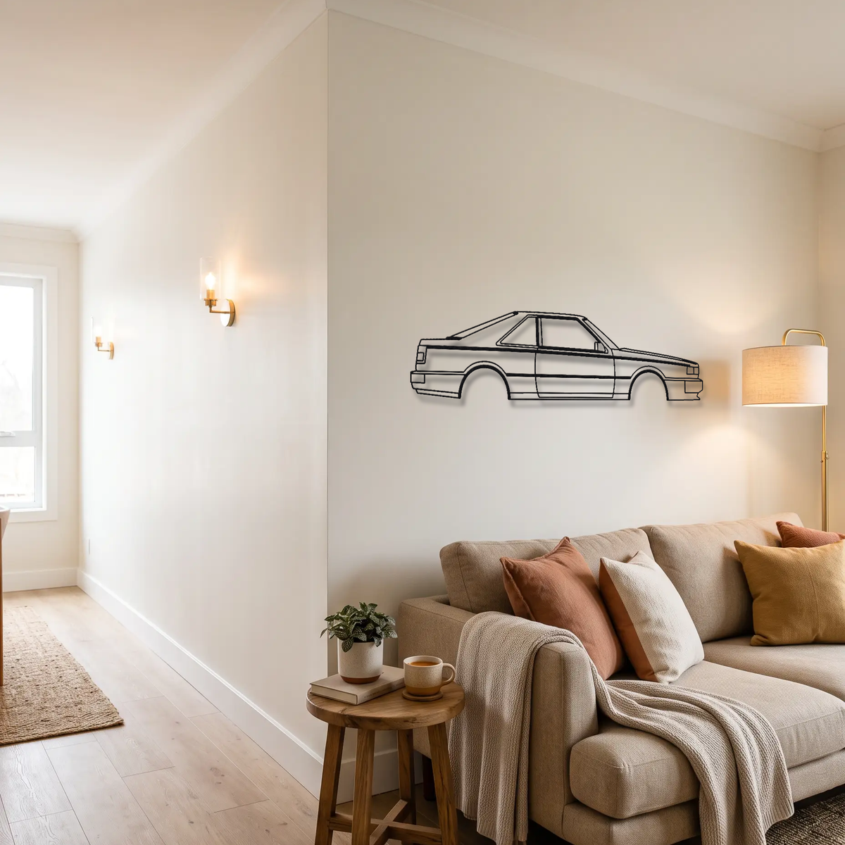Nissan Silvia / 200SX S12 metal wall art above a sofa in a living room