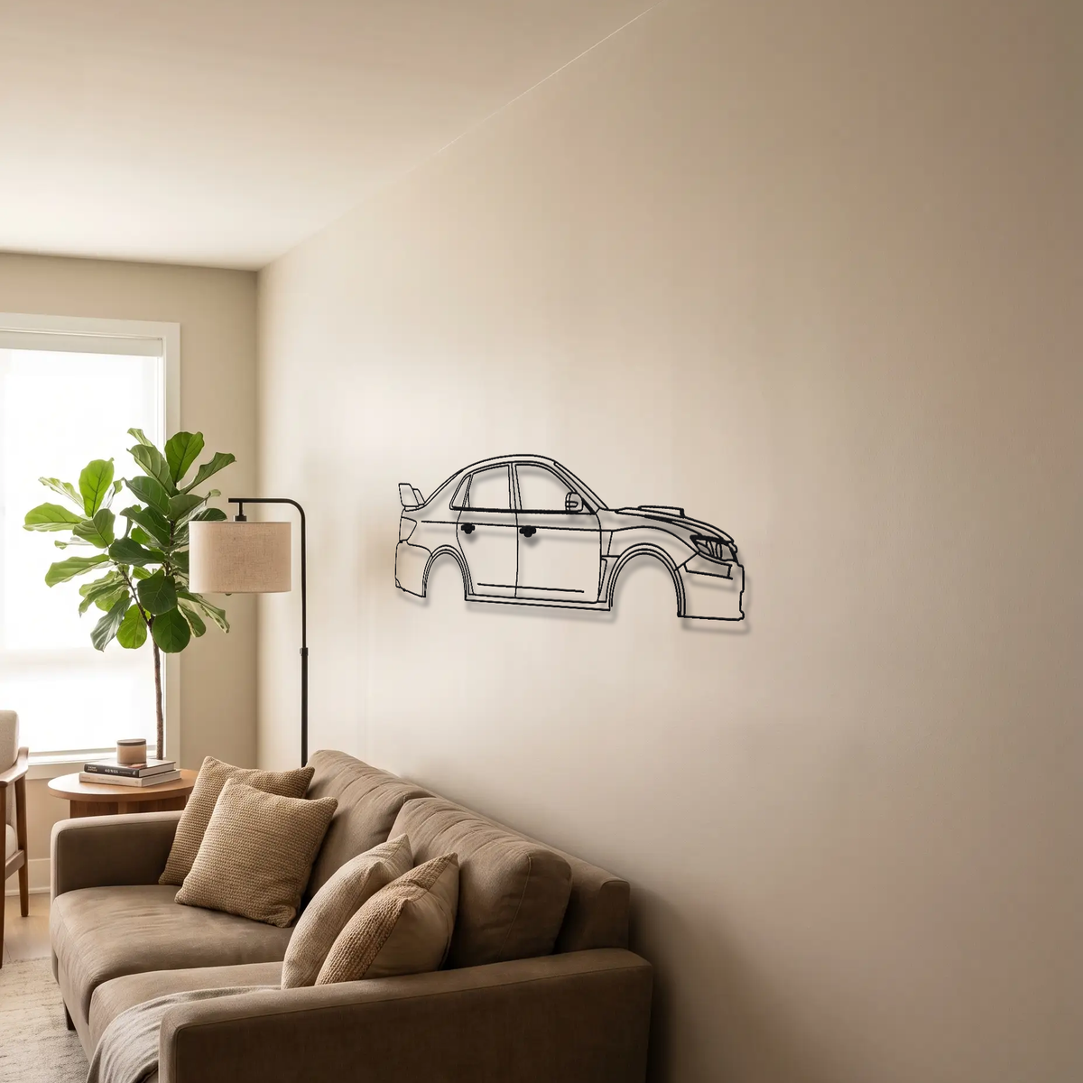 Subaru WRX STI GV metal wall art above a sofa in a living room