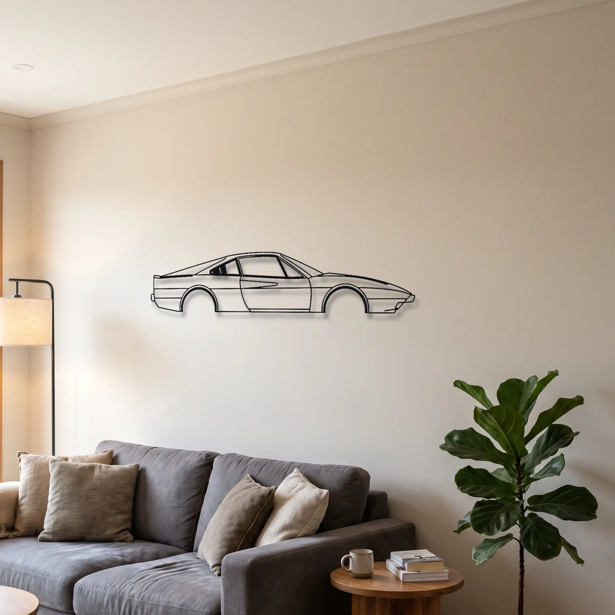 Ferrari 308 GTB metal wall art above a sofa in a living room