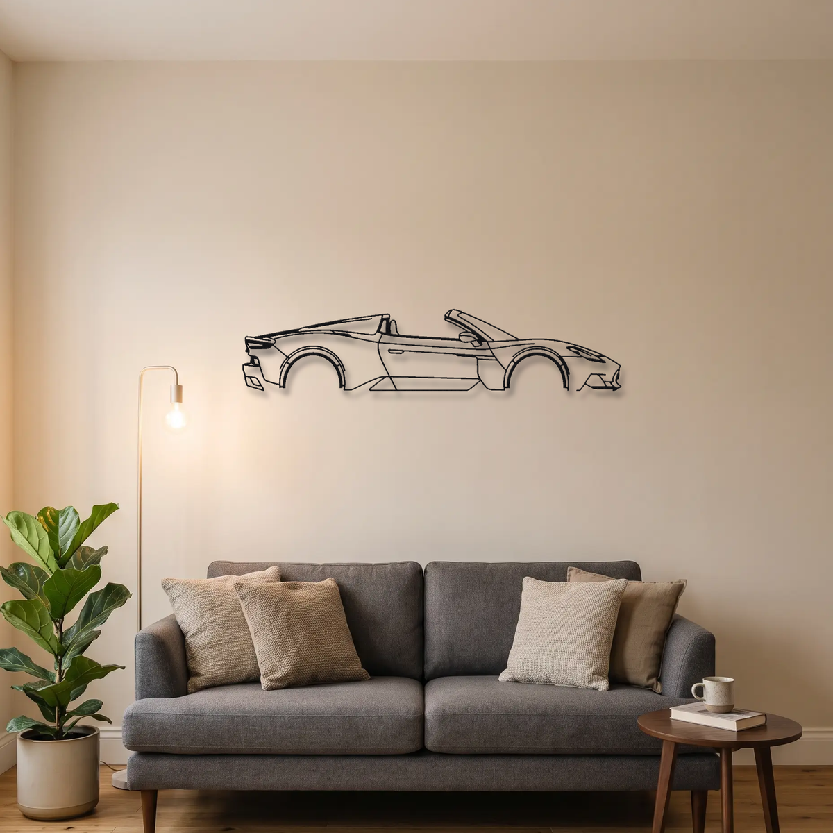 Maserati MCPura Cielo metal wall art above a sofa in a living room