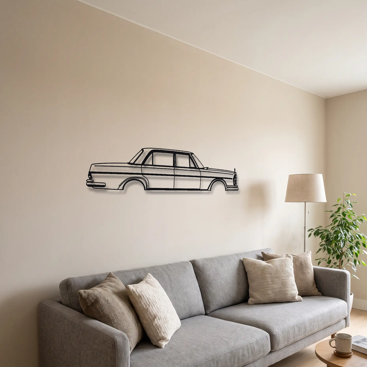 Mercedes-Benz 300 SEL 6.3 W109 metal wall art above a sofa in a living room