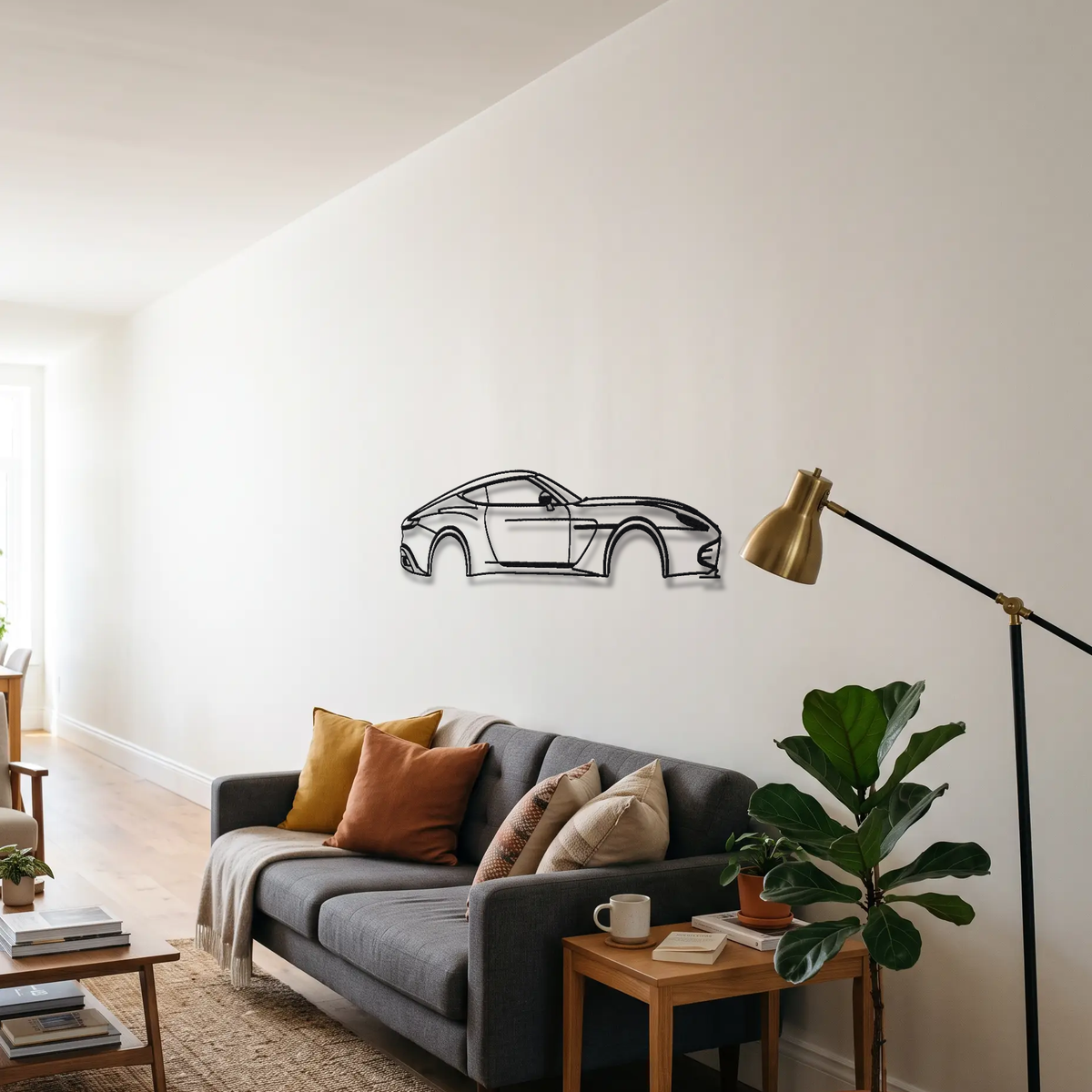 2020 Aston Martin DBS GT Zagato metal wall art above a sofa in a living room