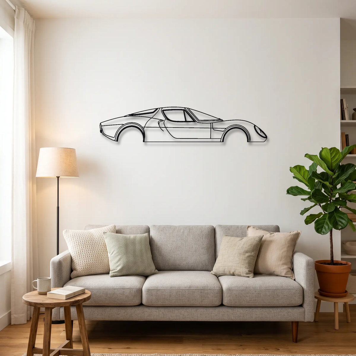 1967-1969 Alfa Romeo 33 Stradale metal wall art above a sofa in a living room