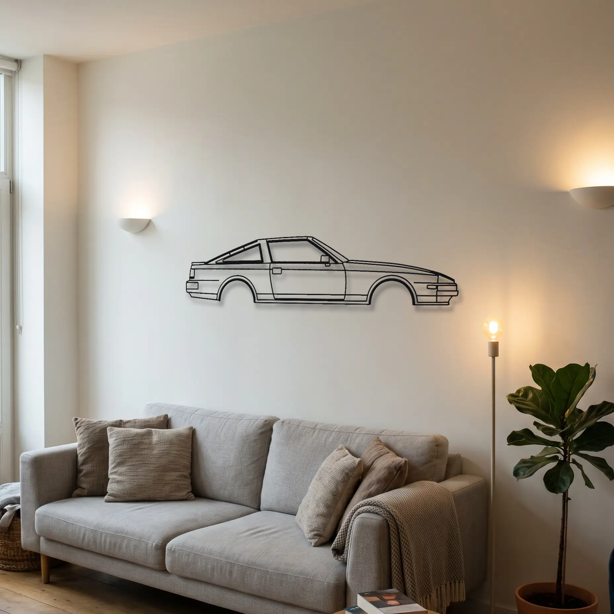 Nissan 300ZX Z31 metal wall art above a sofa in a living room