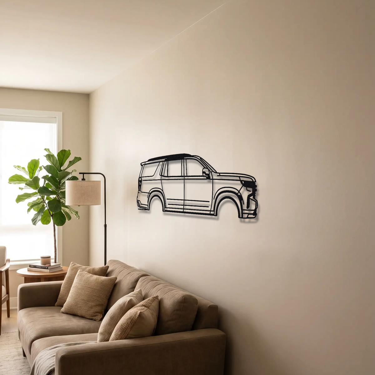 2023- Chevrolet Tahoe RST Performance T1XX metal wall art above a sofa in a living room