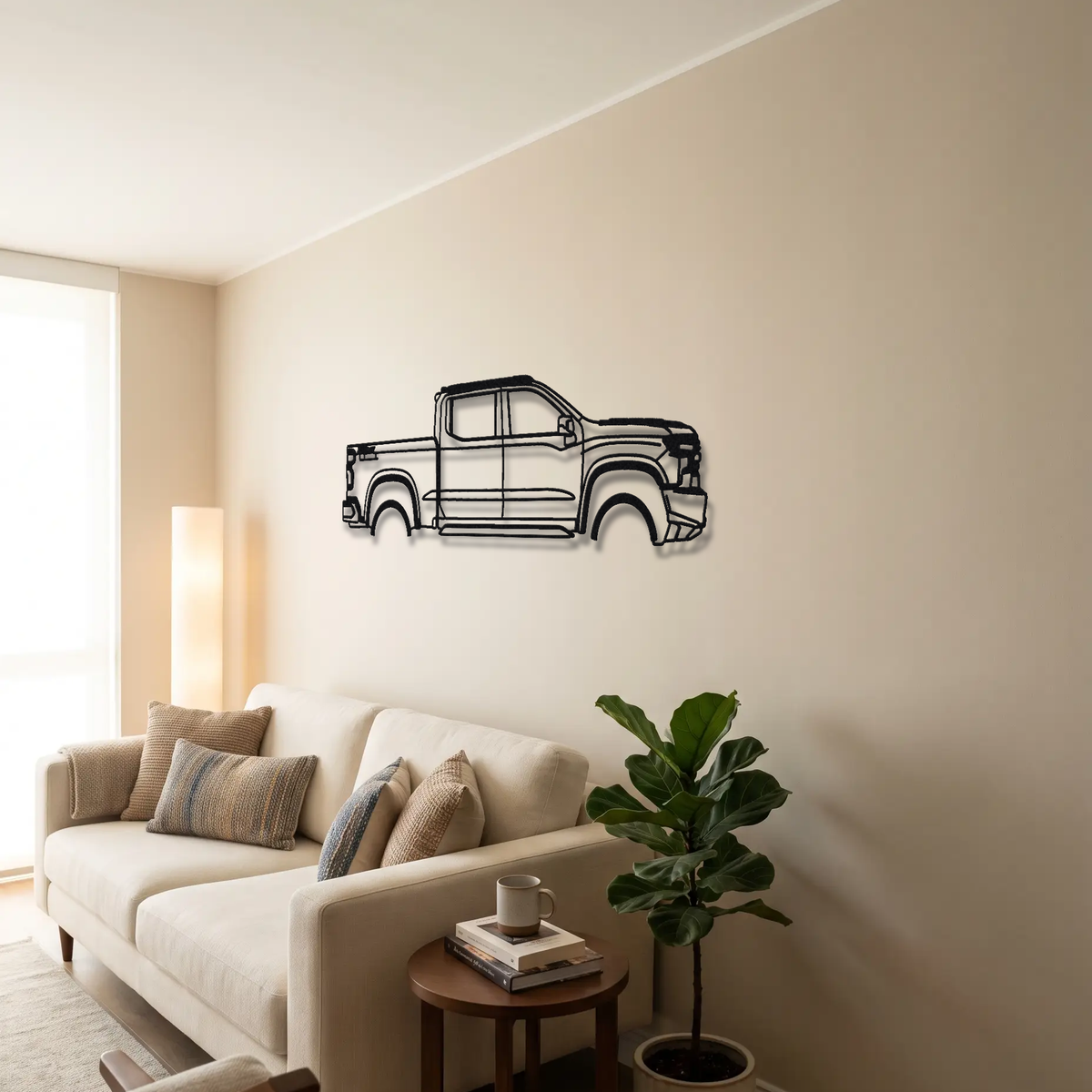 2022- Chevrolet Silverado ZR2 T1XX metal wall art above a sofa in a living room