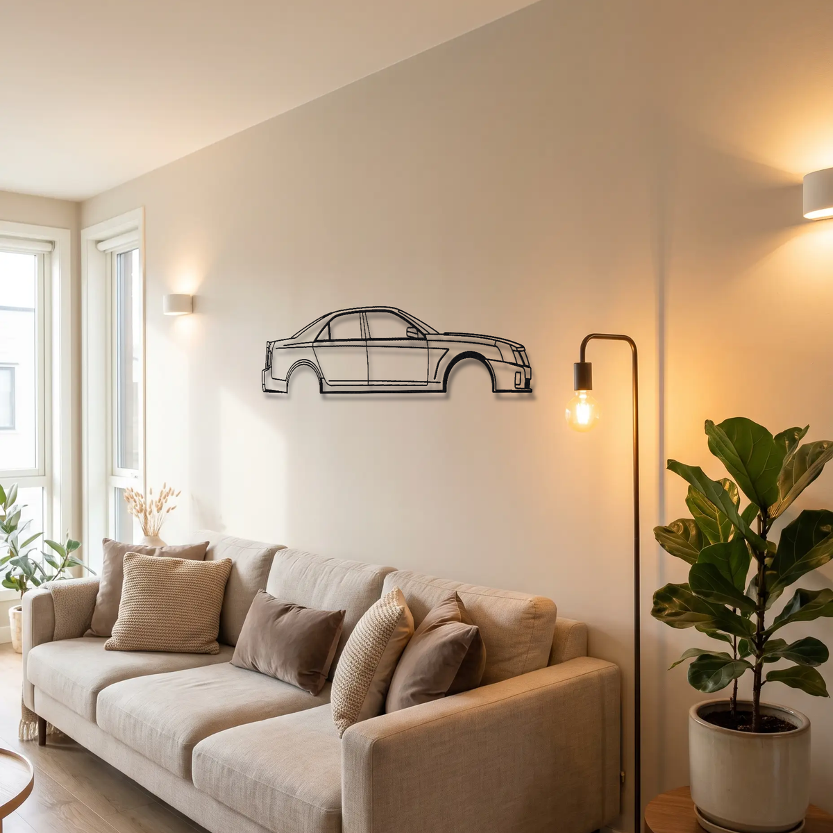 Cadillac CTS-V Gen 1 metal wall art above a sofa in a living room