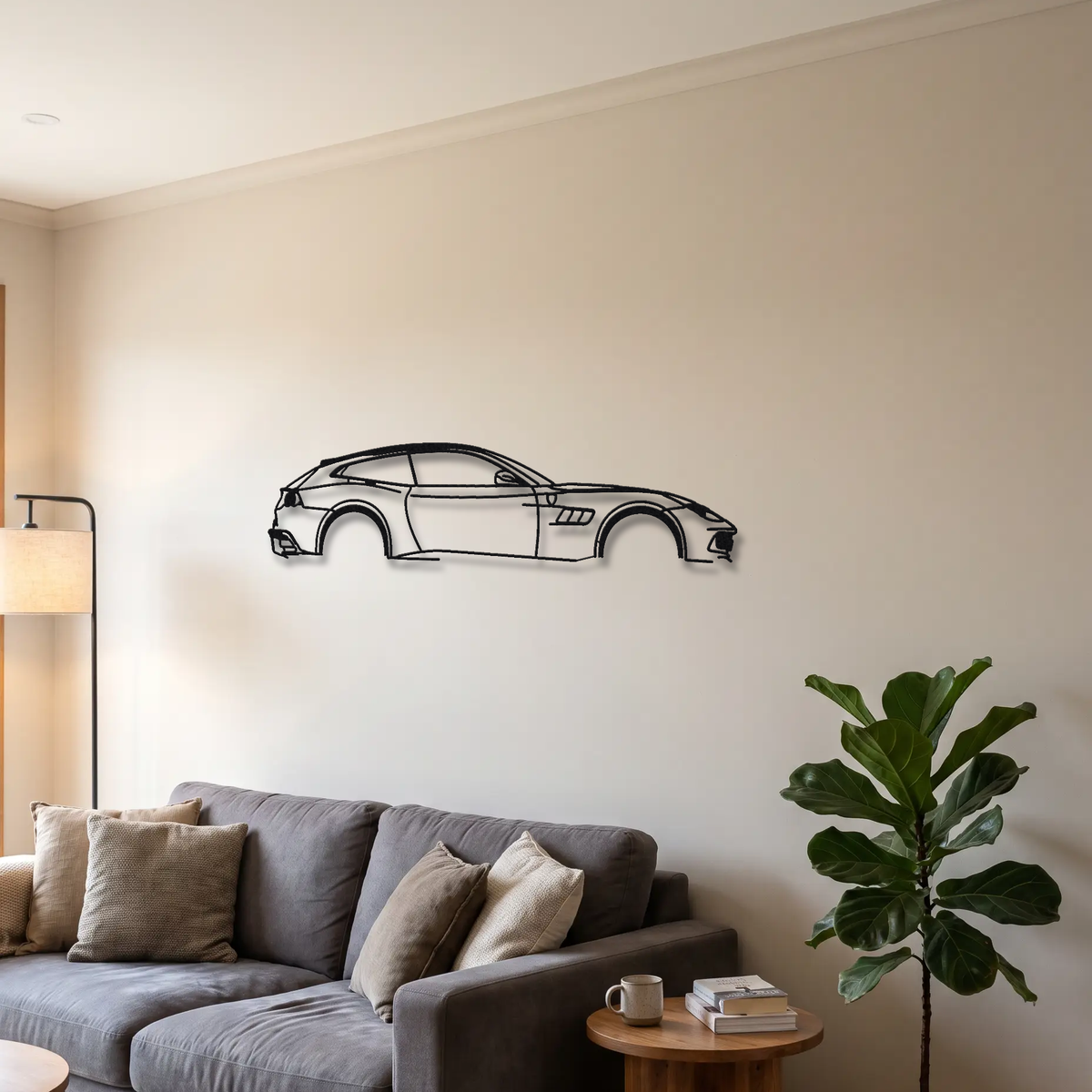 2017-20 Ferrari GTC4Lusso T F151M metal wall art above a sofa in a living room
