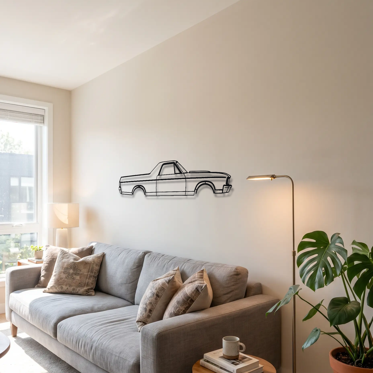 1968-1972 Chevrolet El Camino SS metal wall art above a sofa in a living room