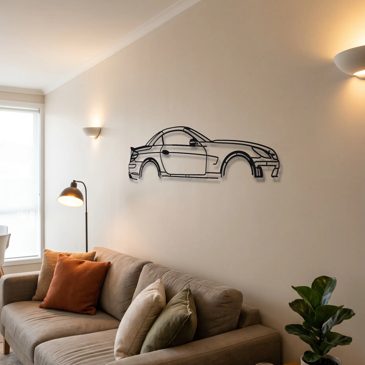 2006-08 Mercedes-AMG SLK 55 AMG Black Series R171 metal wall art above a sofa in a living room