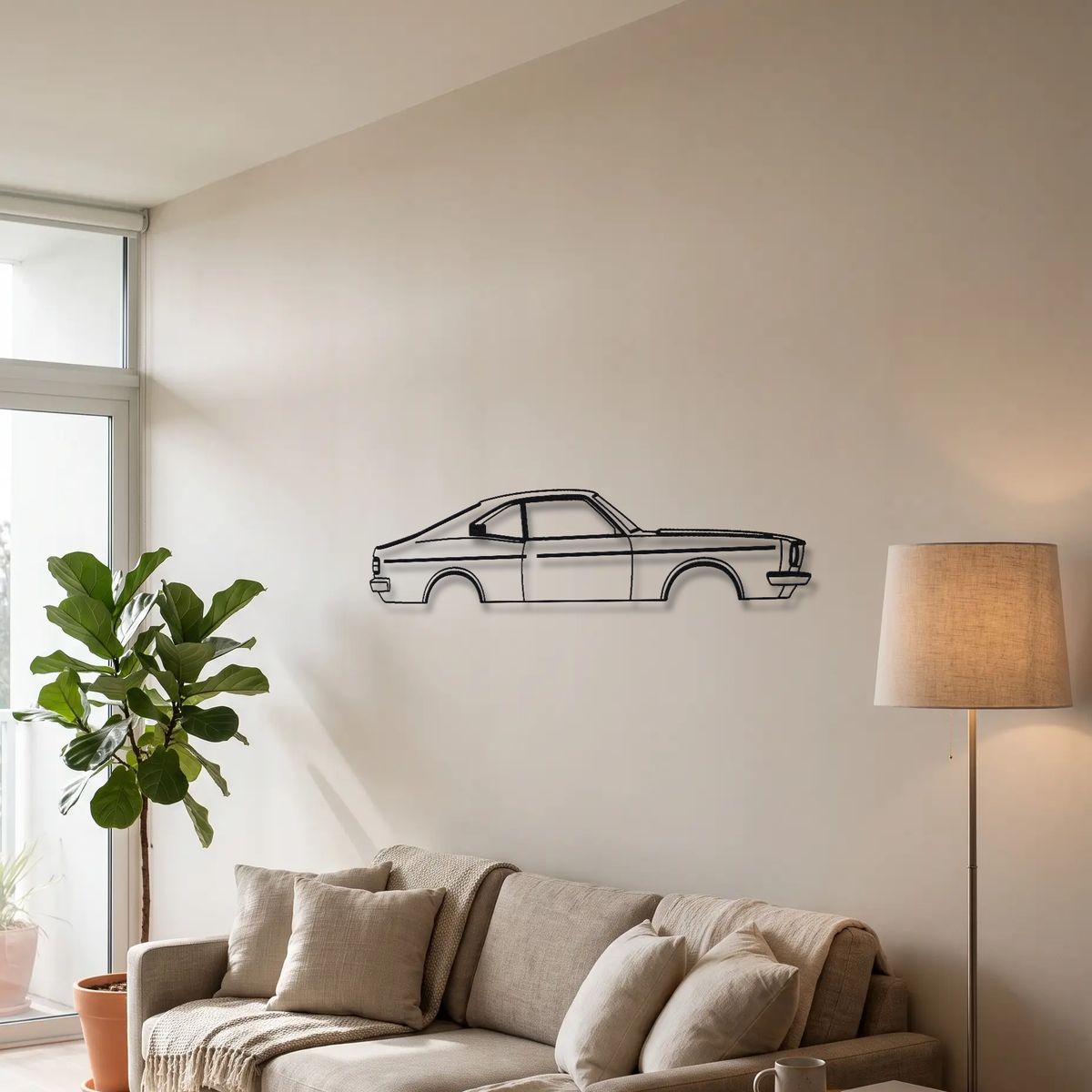 Mazda RX-3 metal wall art above a sofa in a living room