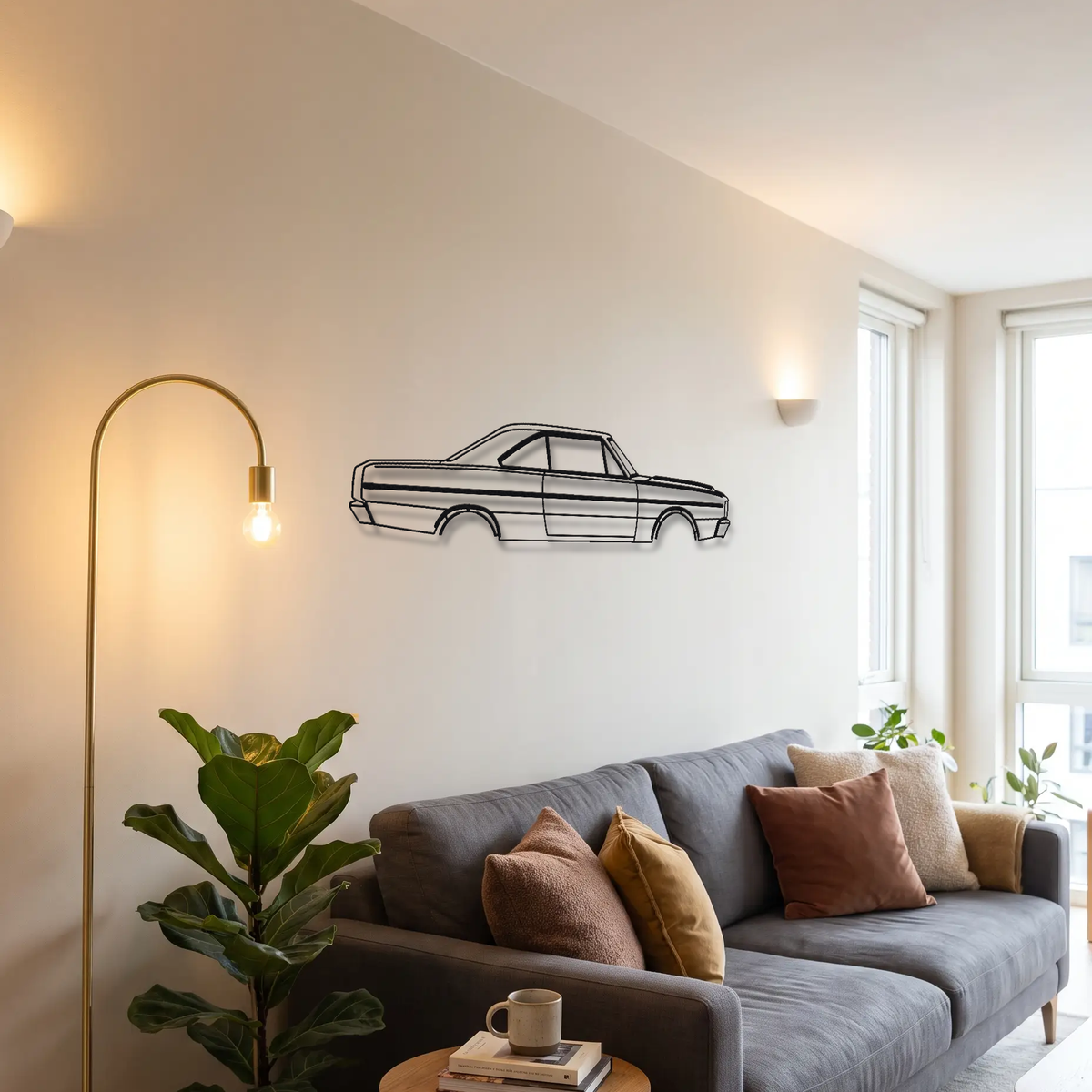 Dodge Dart GTS metal wall art above a sofa in a living room