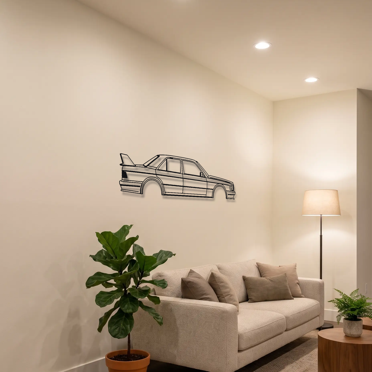 Mercedes-Benz 190E 2.5-16 Evolution II W201 metal wall art above a sofa in a living room