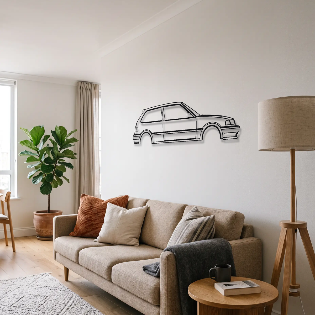 Honda Civic Si Gen 4 EF metal wall art above a sofa in a living room