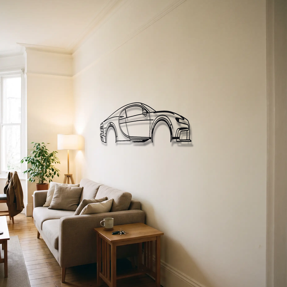 Bugatti Chiron Super Sport metal wall art above a sofa in a living room