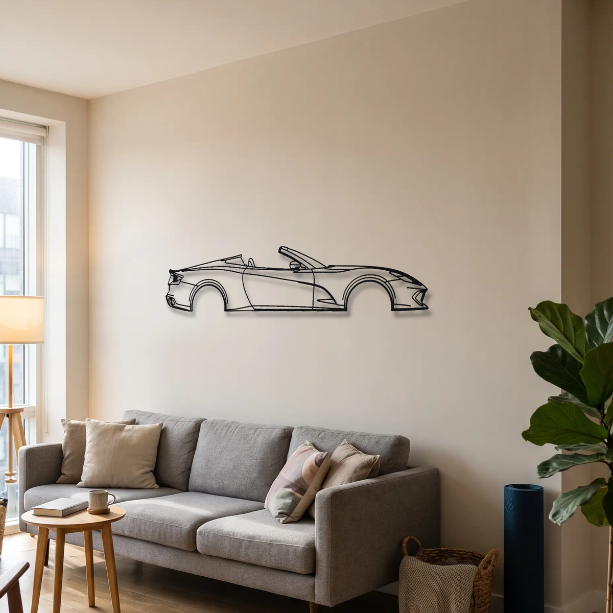 Ferrari 812 GTS metal wall art above a sofa in a living room